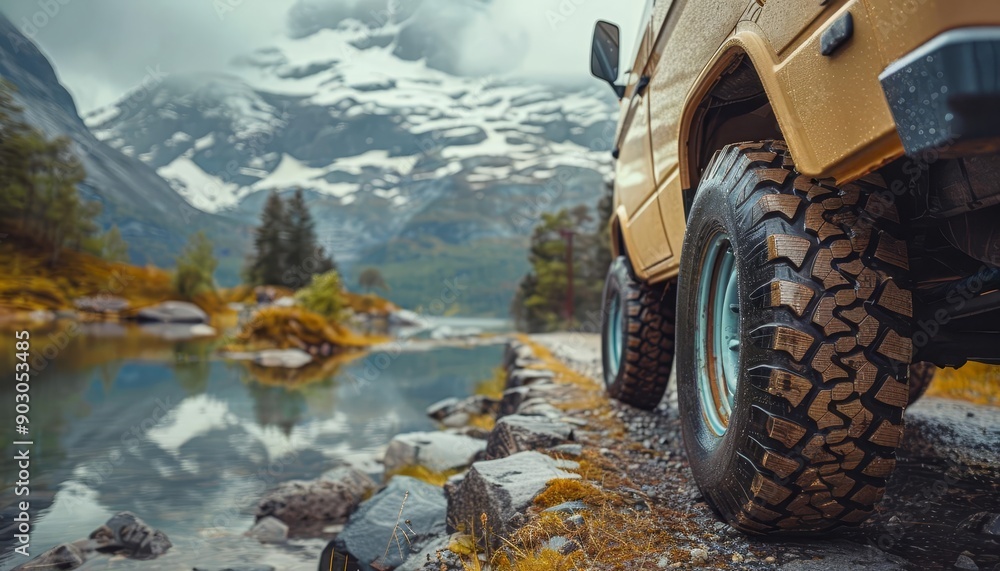 Tires on a camper van, road trip, outdoor adventure Tires on a camper van, road trip, outdoor adventure