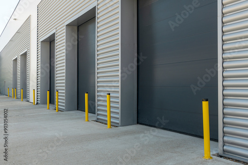 Exterior of an industrial unit with metal roller shutter doors