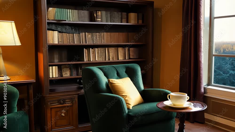 Cozy Reading Nook With Green Chairs and Warm Lighting in a Study Room Cozy Reading Nook With Green Chairs and Warm Lighting in a Study Room