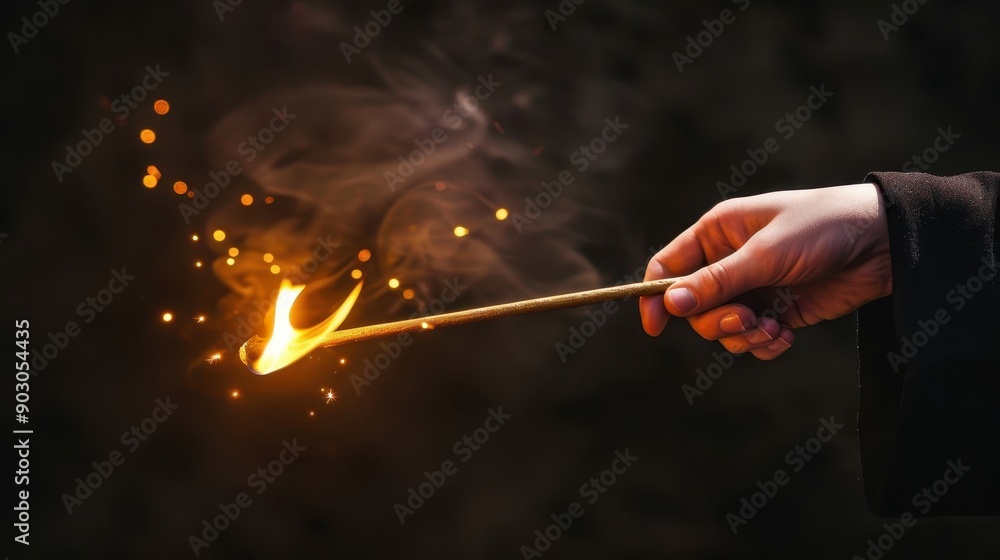 Hand holding a lit matchstick with a flame at the tip, emitting sparks and smoke against a dark background Hand holding a lit matchstick with a flame at the tip, emitting sparks and smoke against a dark background