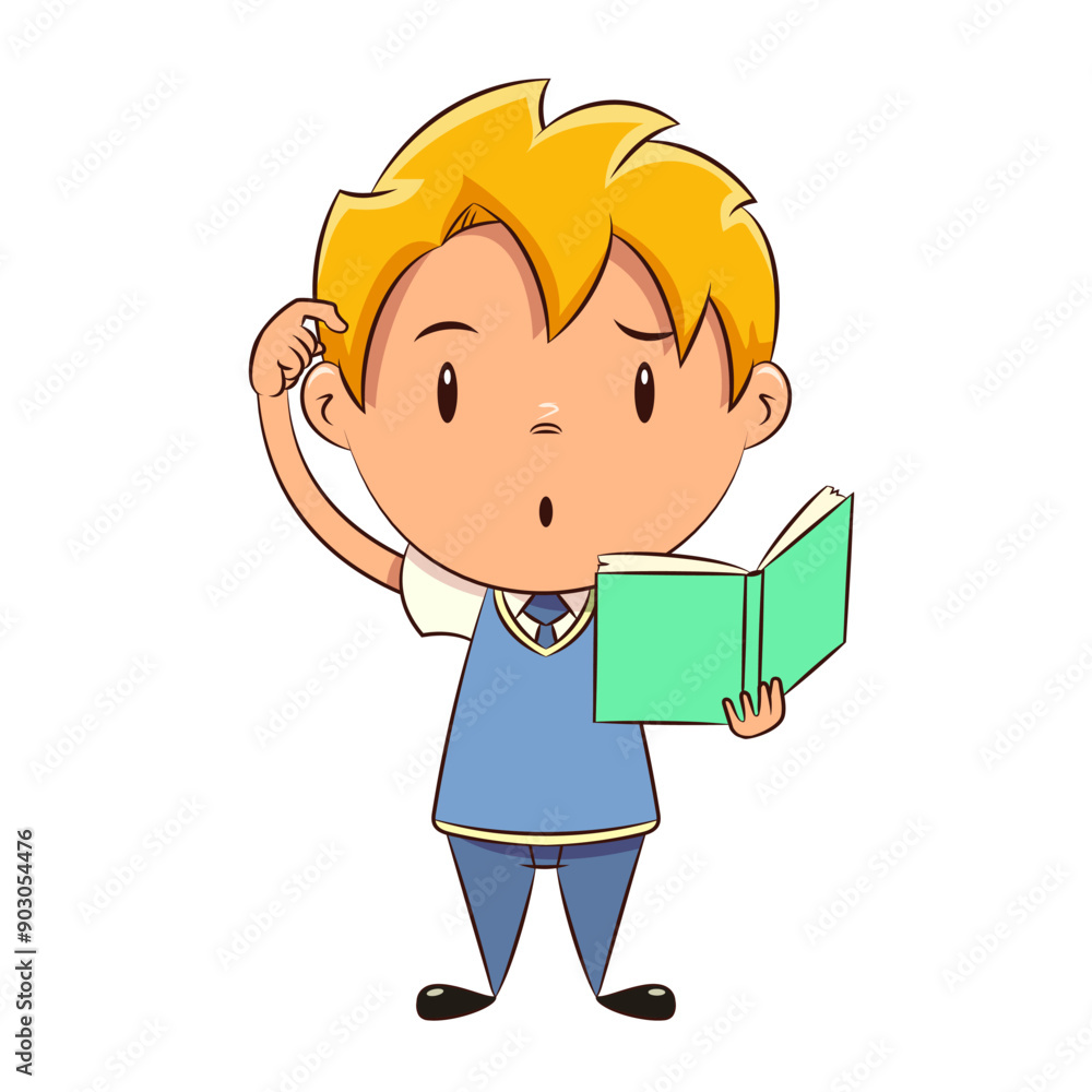 Confused kid, reading book, scratching head, student Confused kid, reading book, scratching head, student