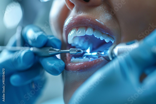 A dentist using a dental drill, the clinic environment modern and sterile