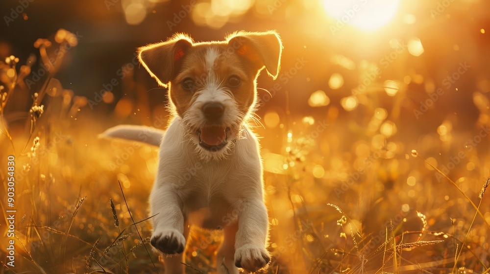 A puppy running through a sunlit field, morning light A puppy running through a sunlit field, morning light