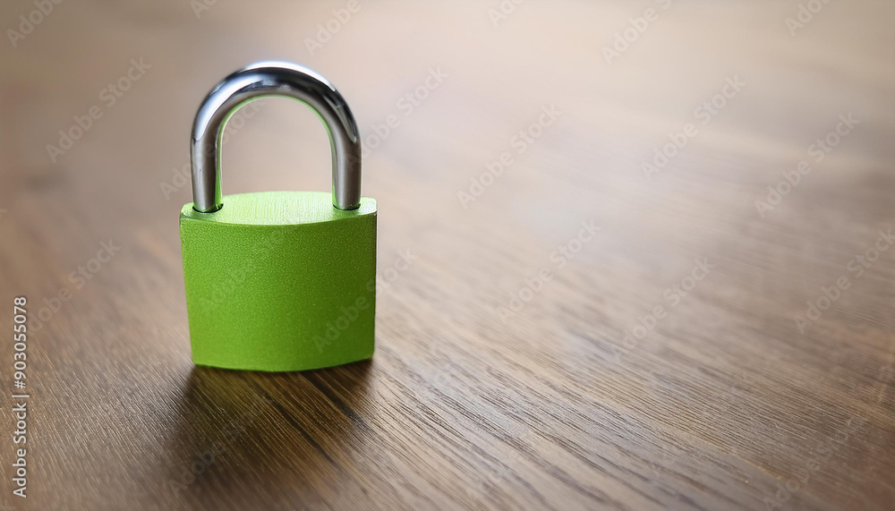 Fototapeta premium Green metal padlock on wooden table. Close-up view.