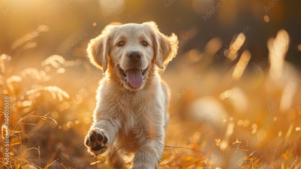 A puppy running through a sunlit field, morning light A puppy running through a sunlit field, morning light