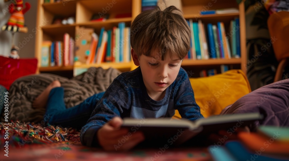 A young boy lies on a vibrant rug, engrossed in a book while surrounded by a cozy living room filled with bookshelves and cushions.