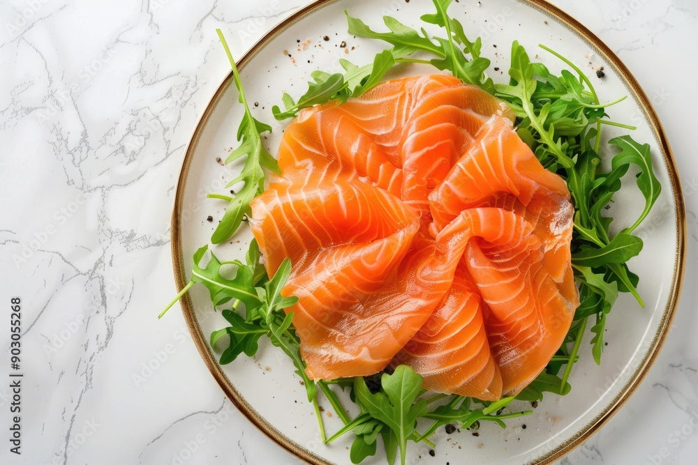 Smoked Salmon Plate Top View. Fresh Arugula Copy Space Marble Background Smoked Salmon Plate Top View. Fresh Arugula Copy Space Marble Background