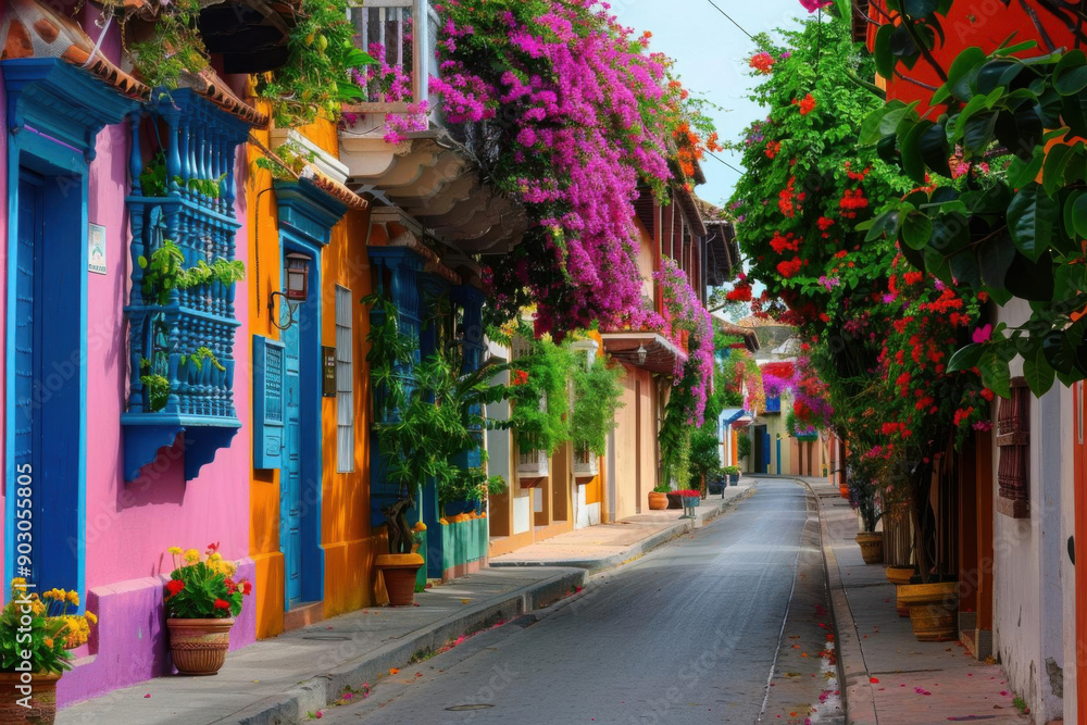 Fototapeta premium A vibrant and colorful street in Cartagena, Colombia, with colonial architecture and blooming bougainvillea