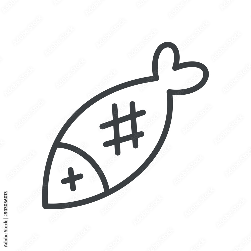 Fototapeta premium Cute fried fish icon. Hand drawn monochrome illustration of a grilled fish isolated on a white background. Kawaii sticker. Vector 10 EPS.