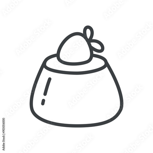 Cute panna cotta icon. Hand drawn monochrome illustration of a jelly dessert decorated with strawberry isolated on a white background. Kawaii sticker. Vector 10 EPS.
