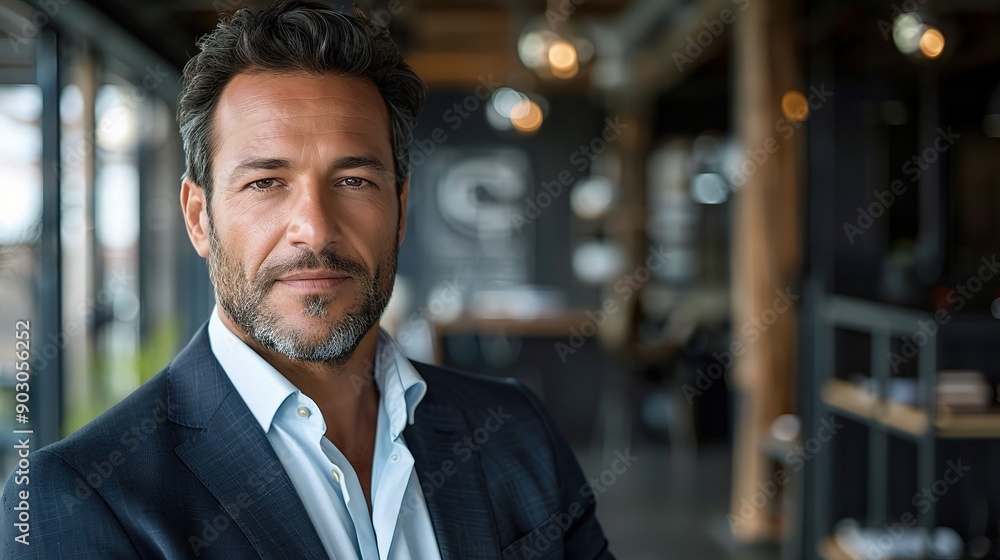 Confident Businessman: A portrait of a mature, successful businessman, radiating confidence and authority, dressed in a classic suit and white shirt, standing in a modern office setting. Confident Businessman: A portrait of a mature, successful businessman, radiating confidence and authority, dressed in a classic suit and white shirt, standing in a modern office setting.