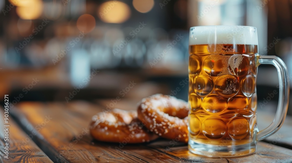 A delightful image featuring a classic beer mug filled with beer and a frothy head, paired with salted pretzels on a rustic wooden table, all within a warmly lit bar environment. A delightful image featuring a classic beer mug filled with beer and a frothy head, paired with salted pretzels on a rustic wooden table, all within a warmly lit bar environment.