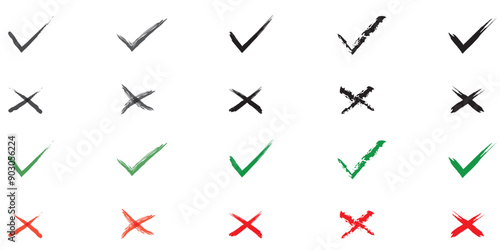 Chalk check mark set. Black charcoal pencil checklist icons, tick cross signs. Grunge checkmark elements. Hand drawn checkbox vote marks, correct or incorrect symbols collection.