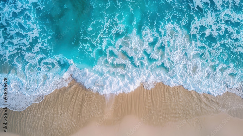 A stunning view of the turquoise ocean with gentle waves lapping against a sandy beach, perfect for a relaxed and summery backdrop A stunning view of the turquoise ocean with gentle waves lapping against a sandy beach, perfect for a relaxed and summery backdrop