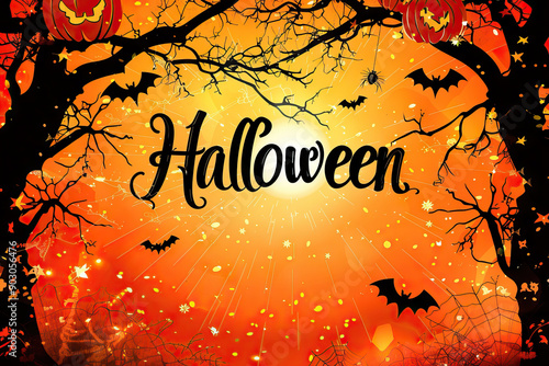 Vibrant Halloween greeting card design with 'Halloween' text, bats flying against a full moon, and autumn leaves. photo