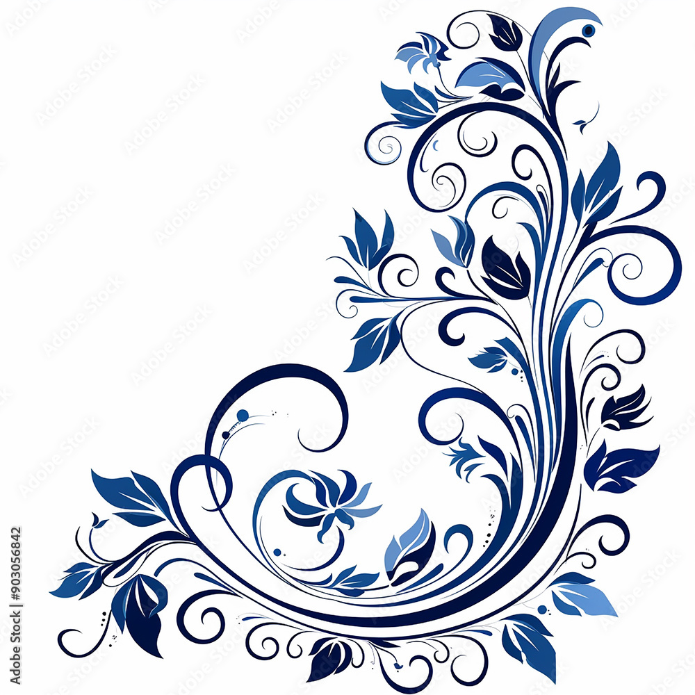 Fototapeta premium Blue floral swirls on white background stock
