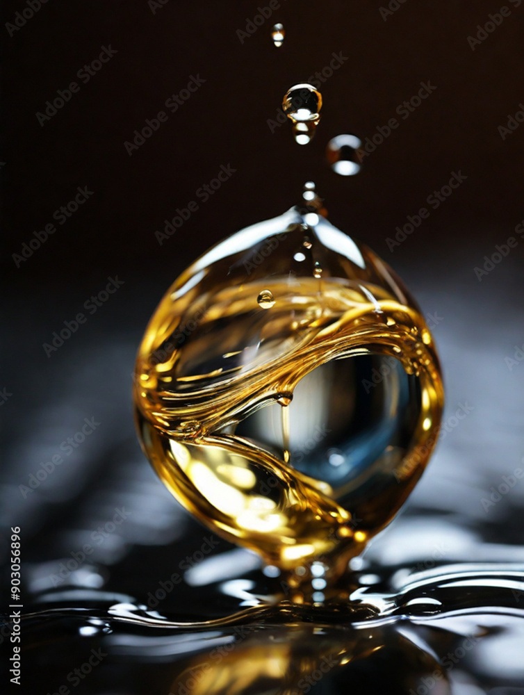 Extreme close-up of shimmering droplet of oil or water captures the exquisite fragility of the impending touch. 