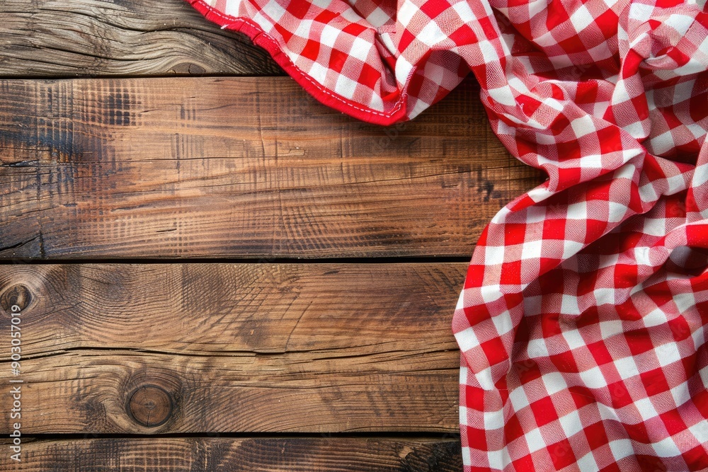 Fototapeta premium Picnic Border. Red Gingham Tablecloth on Kitchen Table Background