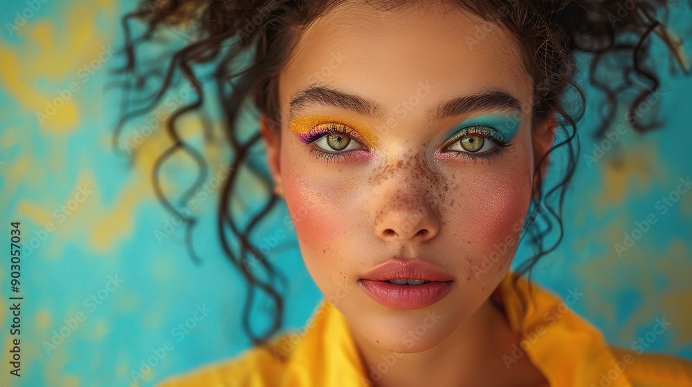 Intriguing Gaze: A captivating portrait of a young woman with vibrant makeup and captivating green eyes, showcasing a bold and confident expression. Her freckles add a touch of natural beauty against Intriguing Gaze: A captivating portrait of a young woman with vibrant makeup and captivating green eyes, showcasing a bold and confident expression. Her freckles add a touch of natural beauty against