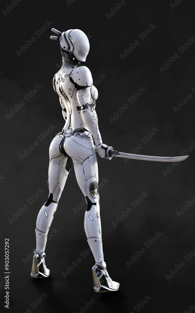 3d illustration of A woman cyborg ninja pose with katana sword on black background with Clipping Path. 3d illustration of A woman cyborg ninja pose with katana sword on black background with Clipping Path.