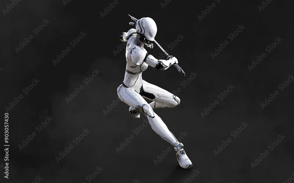 3d illustration of A woman cyborg ninja pose with katana sword on black background with Clipping Path. 3d illustration of A woman cyborg ninja pose with katana sword on black background with Clipping Path.
