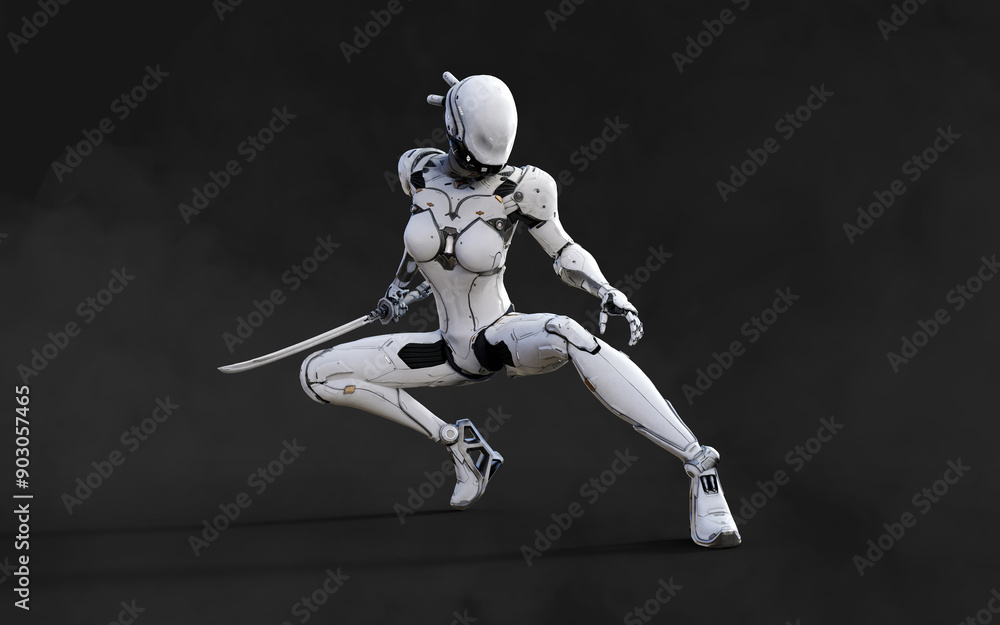 3d illustration of A woman cyborg ninja pose with katana sword on black background with Clipping Path.