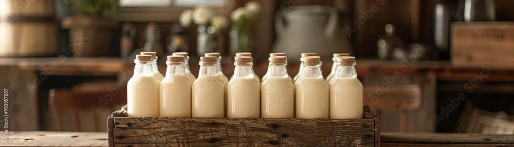 Rustic wooden crate filled with bottles of milk, delivering a farm fresh and country style feel. Rustic wooden crate filled with bottles of milk, delivering a farm fresh and country style feel.