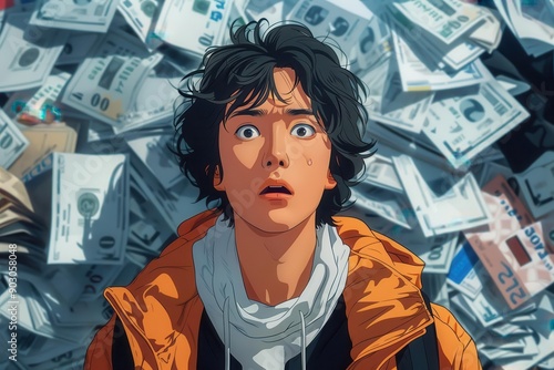 Man Surrounded by Money Looking Scared.