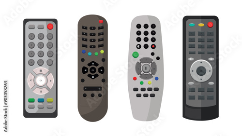 Set of beautiful TV remote controls in cartoon style. Vector illustration of modern remote controls of different shapes and types with colored buttons isolated on white background. Electronic device.