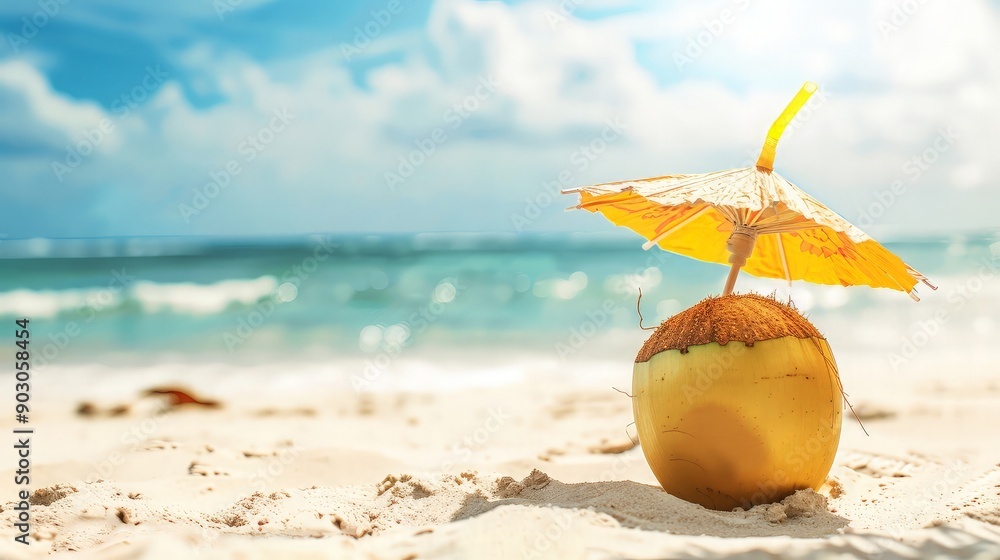 Tropical Beach Paradise: Coconut with Umbrella