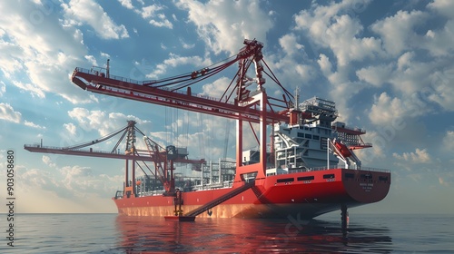  rendering of a cargo ship's massive cranes being serviced in a shipyard