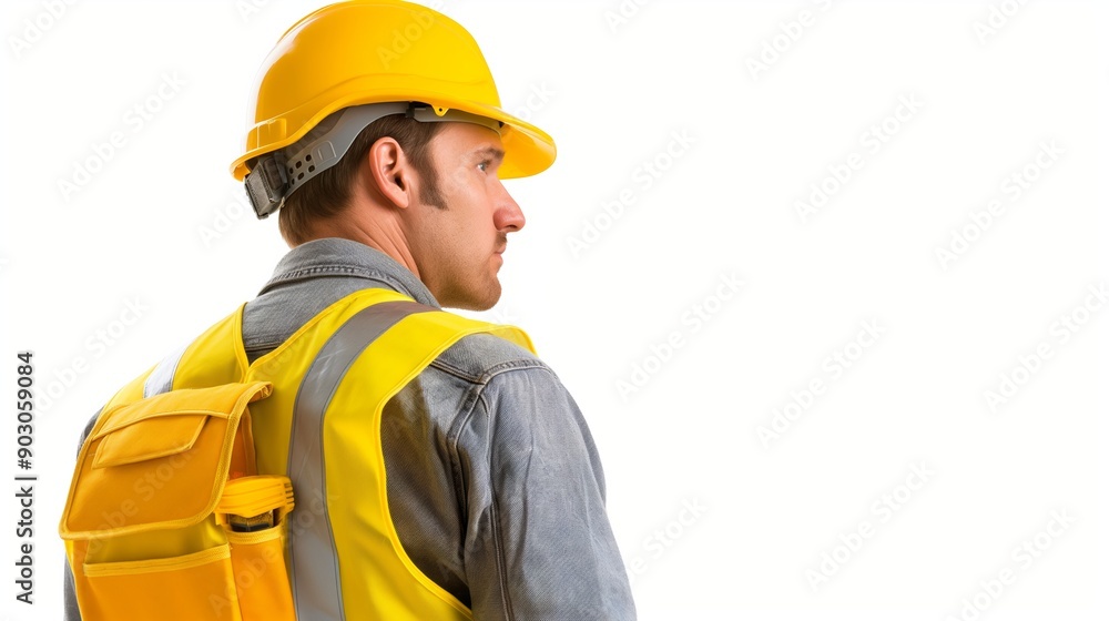 A man in a yellow vest and a yellow hard hat stands in front of a white background A man in a yellow vest and a yellow hard hat stands in front of a white background