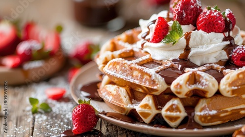 A beautifully presented dish of stacked waffles covered in whipped cream and fresh strawberries, with a drizzle of chocolate, captured on a rustic wooden table.