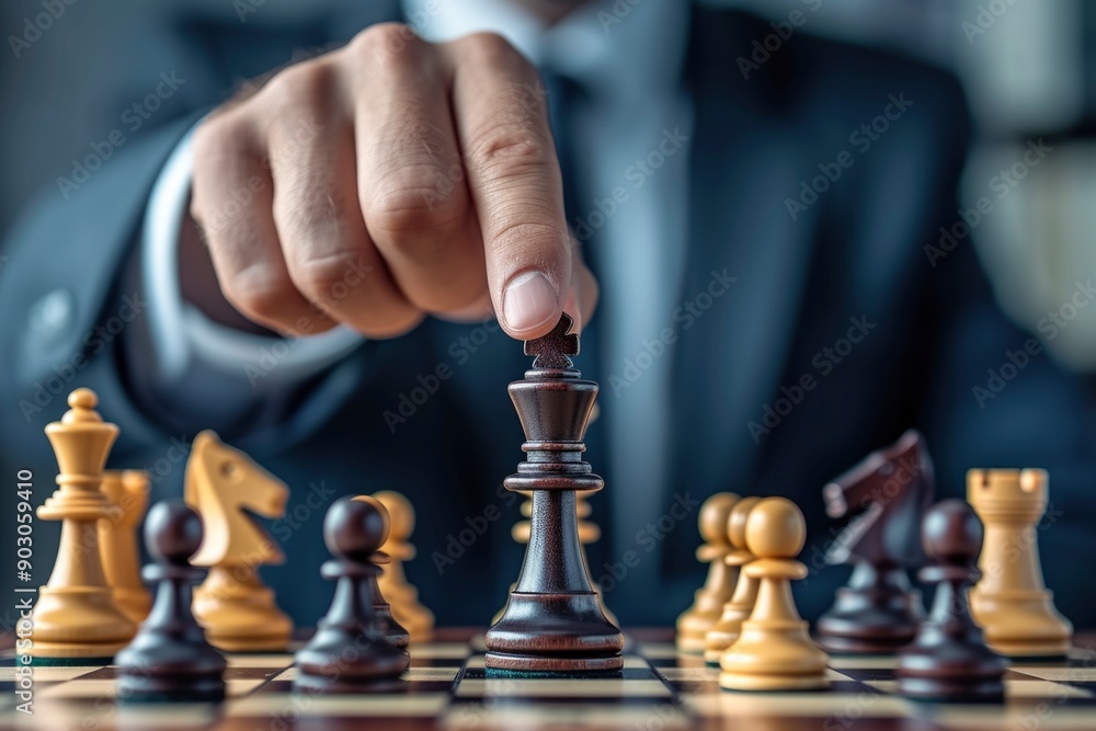 A hand moves a chess piece on the board, highlighting the strategic nature of the game.
