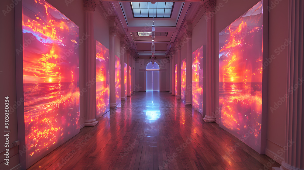 Vibrant sunset projections cast a warm glow in an ornate gallery with high ceilings and large windows. Vibrant sunset projections cast a warm glow in an ornate gallery with high ceilings and large windows.
