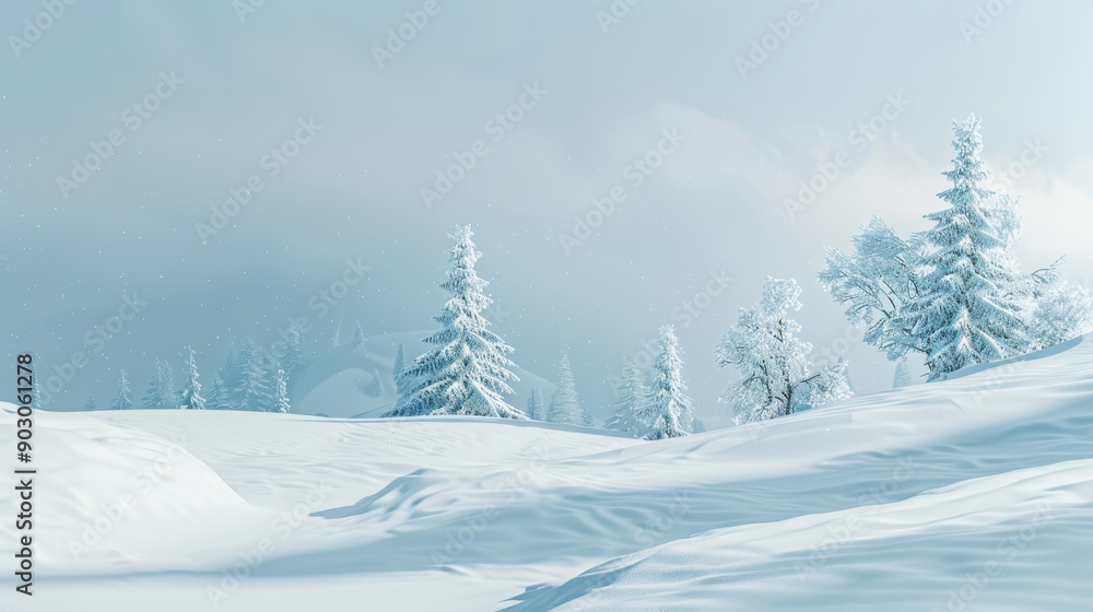 A tranquil snow-covered landscape with gentle snowfall and a serene, white backdrop, perfect for a peaceful winter scene