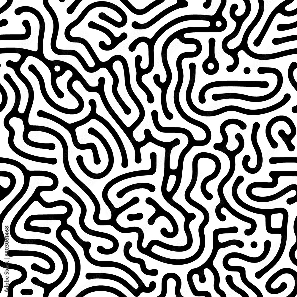 Fototapeta premium Seamless abstract pattern with curved lines, a maze. Design for fabric, Wallpaper, and cards . Monochrome ornament on a white background.