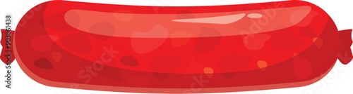 Glossy red sausage lying horizontally isolated on white background