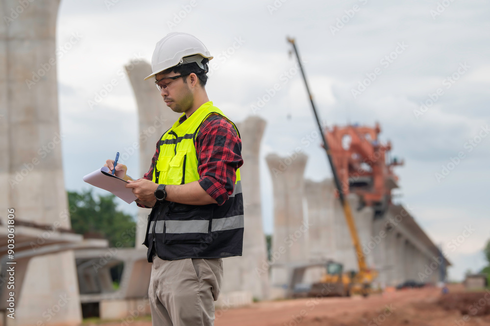Post Works Engineer An Asian male engineer works at a motorway bridge construction site ...