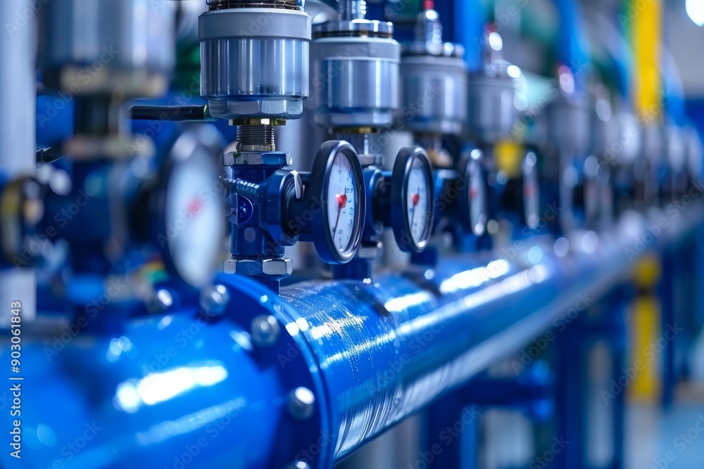 Close-up Of Industrial Pipes And Valves With Pressure Gauges In Blue Color, Machine In Factory Close-up Of Industrial Pipes And Valves With Pressure Gauges In Blue Color, Machine In Factory