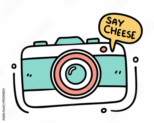 Hand draw Photo Camera Line Poster with the words Say cheese.