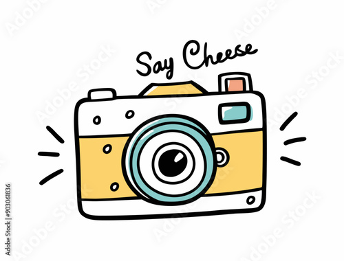 Hand draw Photo Camera Line Poster with the words Say cheese. Vector illustration in Simple Doodle Style