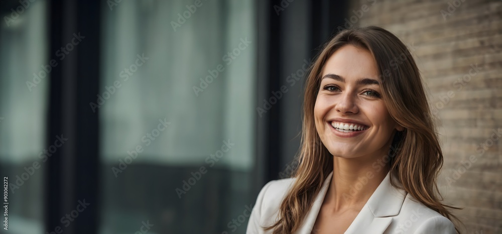 Portrait of a happy smiling confident young business woman, blank advertisement banner background with copy space Portrait of a happy smiling confident young business woman, blank advertisement banner background with copy space