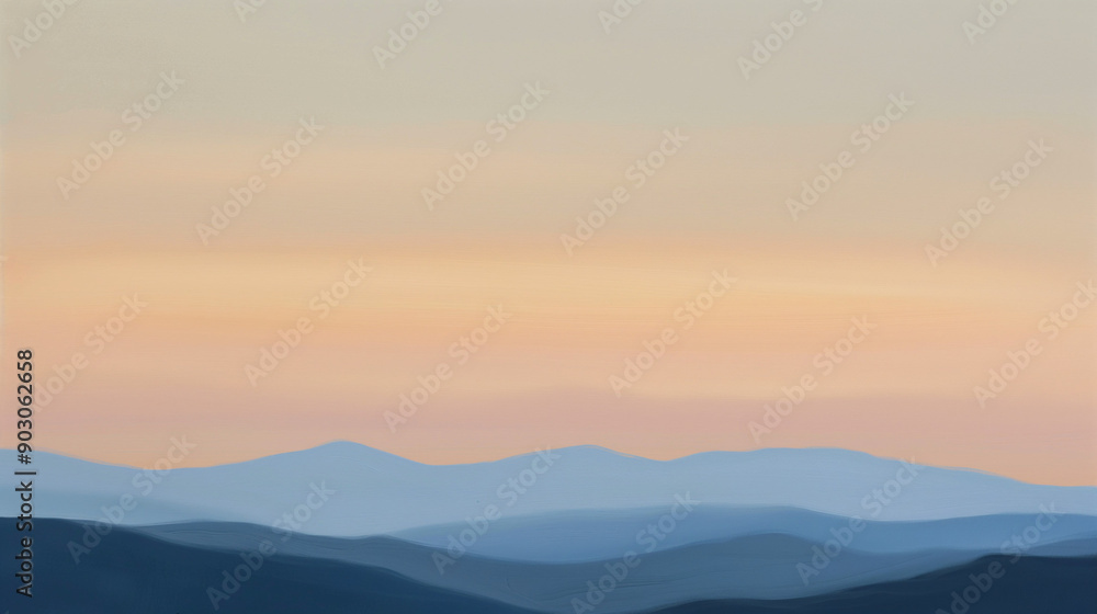 Dominating the top half is a vast sky painted in hues of orange, peach, and soft yellow, suggesting either a sunrise or sunset. Below the sky, a series of mountain ranges are depicted Dominating the top half is a vast sky painted in hues of orange, peach, and soft yellow, suggesting either a sunrise or sunset. Below the sky, a series of mountain ranges are depicted