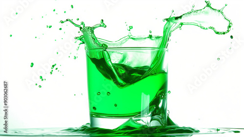 A glass filled with a vibrant green liquid, possibly a smoothie or juice. The liquid is splashing out of the glass, creating an impressive display of droplets and waves