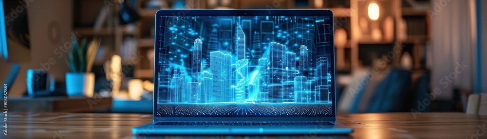 A modern laptop displaying a futuristic cityscape with digital elements, ideal for tech and innovation themes. A modern laptop displaying a futuristic cityscape with digital elements, ideal for tech and innovation themes.