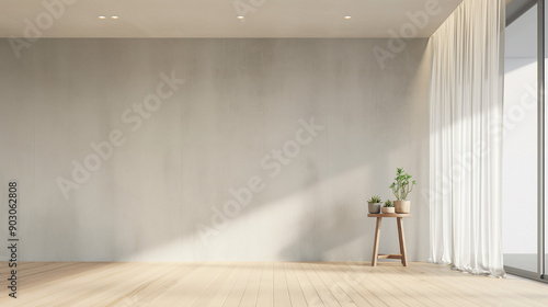 An empty room with a large gray wall on the left. A wooden floor with a light hue stretches across the room. On the right side of the wall, there's a white curtain