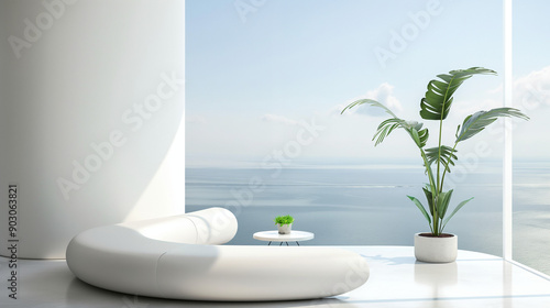 A minimalist, modern living space with a large window that offers a panoramic view of the sea. The room is predominantly white, with a sleek, curved sofa positioned near the window.
