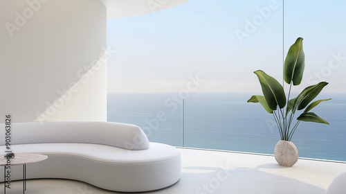 A minimalist, modern living space with a large window that offers a panoramic view of the sea. The room is predominantly white, with a sleek, curved sofa positioned near the window.