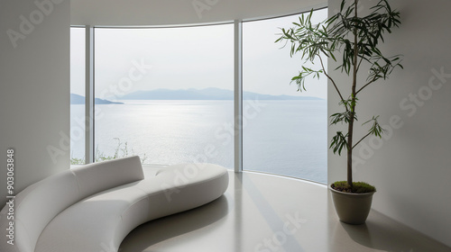 A minimalist, modern living space with a large window that offers a panoramic view of the sea. The room is predominantly white, with a sleek, curved sofa positioned near the window.